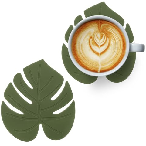 2 Pcs Monstera Plant Coaster Set Silicone Coasters Plant Coasters Cute Green Leaf Heat-Resistant Drink Trivet Mats Non-Slip Cup Pads for Table Countertop Kitchen Home Office Decor(4.13×4.72 Inch)