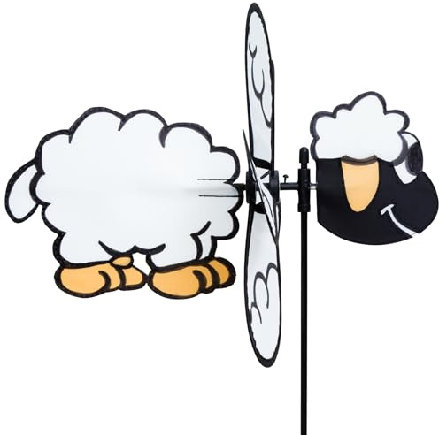 HQ Windspiel Spin Critter Sheep Schaf Windrad Gartendeko mit Standstab | Farbenfroh dreht schon bei leichtem Wind wetterfest UV-beständig langlebig für Garten Terrasse & Balkon Rad-Ø30cm, H65xT32cm