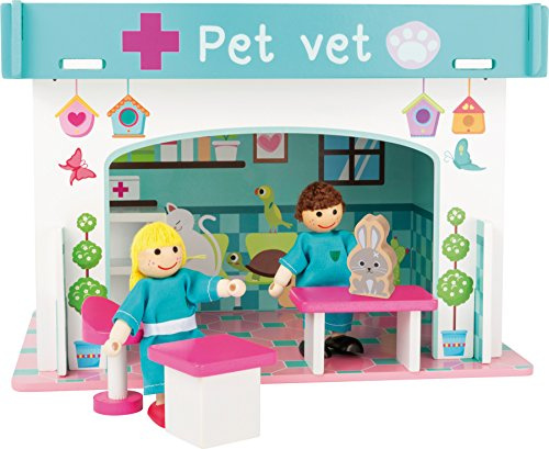 small foot 10854 Spielhaus Tierklinik aus Holz, mit 2 Puppenfiguren, Zubehör und abnehmbarem Dach, ab 3 Jahren