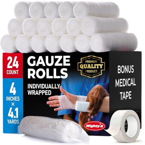 Premium Conforming Bandage - 24pk (10cm x 3.7m) - Individually Wrapped Gauze Rolls with Medical Tape - Soft Breathable First Aid Kit Bandages for Wounds