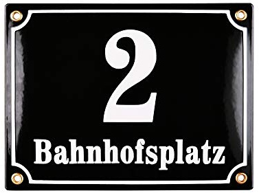 Sosenco Hausnummerschild Hausnummer mit Straßenname - 20x15 cm - Keramik Emaille - Wetterfest - Personalisiert - Schwarz