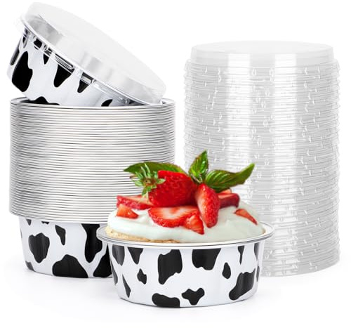 Beasea Aluminiumkoppar för bakning, 236 ml, 50-pack engångsramekiner med lock, svartvita aluminiumfoliekoppar creme brulee, muffins, bakkopp, minipuddingkoppar för fest, bröllop, födelsedag