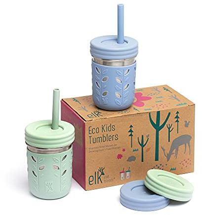 Elk and Friends Koppar i rostfritt stål | Mason-burk 295 ml | barn- och småbarnsmuggar med silikonärmar och silikonsugrör med stoppare | Sippy Cups, spillsäkra koppar för barn, smoothie-koppar