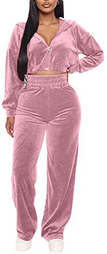 Mujeres Dos Piezas Chándal De Terciopelo Conjuntos Deportivos Cremallera Chaqueta Sudadera con Capucha Pantalones Z1 Rosa 36