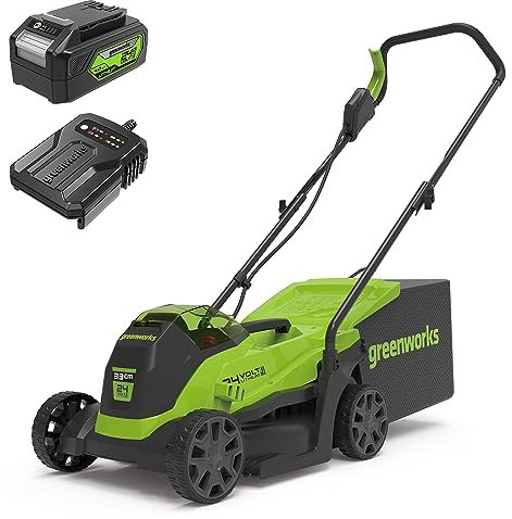 Greenworks 24V 33 cm Brushless Tosaerba a batteria, Altezza di Taglio 25-70 mm, 2 Funzioni, con Sacco da 30L (con 4Ah Batteria e Caricatore)