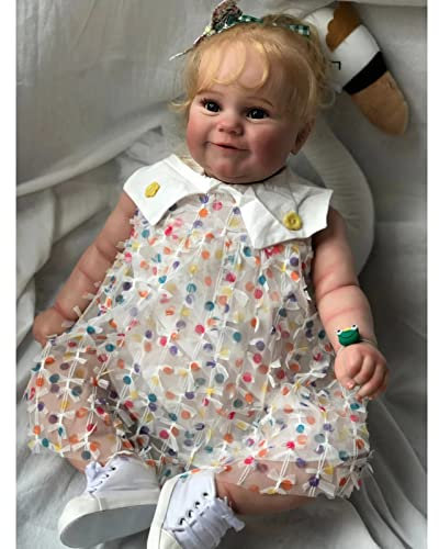 60CM Riesige Babygröße Reborn Puppe Mädchen Mit Blondes Langes Lockiges Haar 24 Zoll Realistisch Neugeborenes Reborn Kleinkind-Babypuppe 3D-Haut Mit Sichtbaren Venen Kinder Geschenk Sammlerstücke