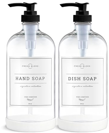 Vine Creations Clear Glass Soap Dispenser, 2 Pack Kitchen Soap Dispenser Set with Rustproof Pump, 16 oz Dish Soap and Hand Soap Dispensers for Bathroom with Waterproof Labels
