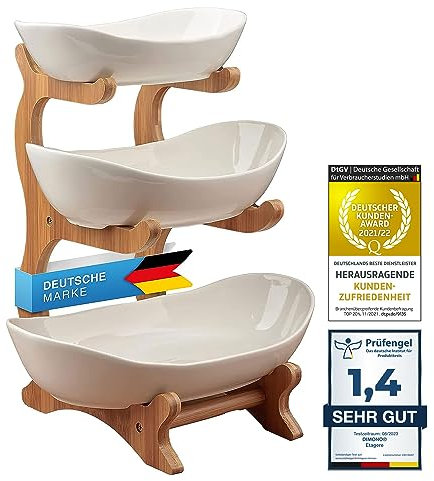 Dimono® Etagere Deluxe Servier-Ständer; 3-Etagen Keramik-Servierschalen; Obst- & Gemüseschale aus Keramik & Bambus Ständer; Servierschalen für Desserts, Gemüse, Süßes uvm.