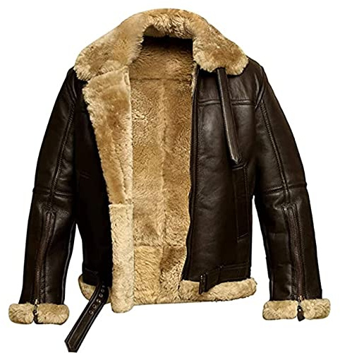 NLAVW Herren Flying Winter Jacket,Shearling Lederjacke Bomber Warm Filling Biker Motorrad Pelz Mantel Jacke