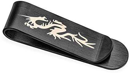 Bling Jewelry Personalisierter Zweifarbiger Asiatischer Stil Schwarz Grau Schlank Starker Drache Männer Geldklammer Karteninhaber Geschenk Vater Lasergeätzt Schwarz Ip Edelstahl Personalisierbar