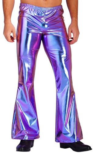dPois herr wetlook utsvängda byxor vintage 70-tals retro byxor klockor byxor män läderbyxor glänsande dans latinbyxor byxor leggings party dans klubbkläder, Blå_färgglad, M