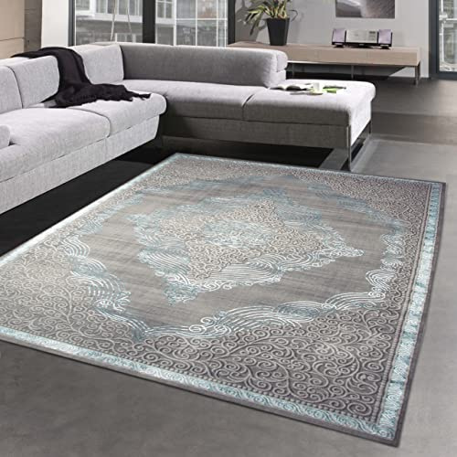 CARPETIA Prachtvoll verzierter Teppich • Eingang Flur • in türkis-Silber glänzend, 160 x 230 cm