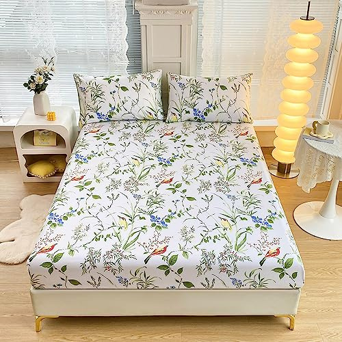 Chickwin Spannbetttuch, Blumen Pflanze Druck Spannbetttuch Boxspringbett, Weiche Bequem Spannbettlaken Matratzenschoner für Bettw Sche, Steghöhe bis 30cm (180x200 cm,Blumen Vögel)