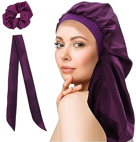 WUBAYI Gorro de Seda para Envolver el Cabello para Dormir, Gorro de Dormir de Satén con Banda Elástica Ancha, Gorro Suave para Dormir el Cabello para Mujeres y Niñas con Cabello Rizado (Morado)