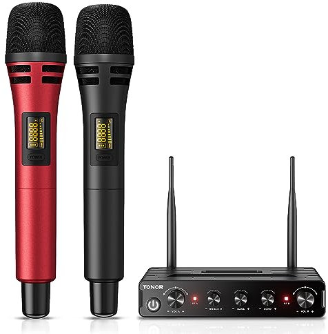 TONOR Micro Karaoke sans Fil, UHF Microphone Systèmes Dynamique Chant Portable à Main Double avec Récepteur pour Karaoké, Fête, Discours, Mariage, DJ Spectacles, Église, Conférences, TW350, Noir&Rouge