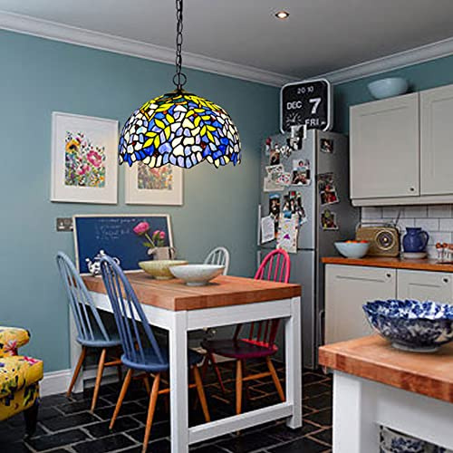 Errzom Tiffany Style Hanging Pendant Lamp, Purple Blue Wisteria Design Stained Glass Lampshade, Iron Chain Traditional Handmade Ceiling Pendant Light Decor for Kitchen Island Restaurant Corridor,12in