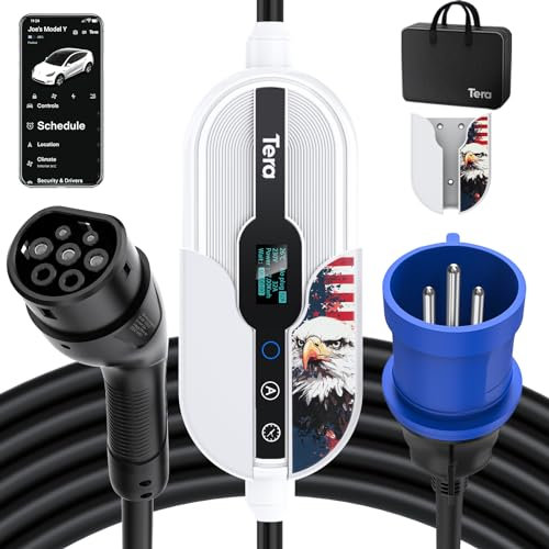 Tera Tragbares Elektrofahrzeug Ladegerät: 7,6KW Typ 2 EV-Ladegerät mit 32 Ampere und 240V WLAN & Bluetooth Einstellbarer Strom 7m Ladekabel mit Halterung CEE 3-Phasen-Stecker IEC 60309, Weiß Adler