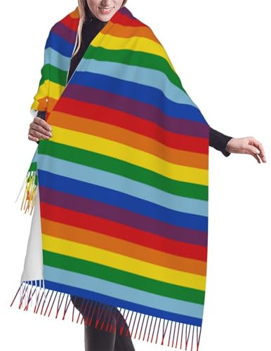 GrAtka Schal, bunter Gay-Pride-Regenbogen, Unisex-Schal mit Fransen, groß, warm, weich, Kaschmir-Gefühl, Tücher, 196 x 68 cm