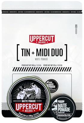 Uppercut Deluxe Matte Pomade Tin Duo, Water Based 100g + 30g | Water Based Matte Styling Product for Medium Hold with No Shine. Easy to Wash Out. Includes Full Size Tin and Travel Midi.
