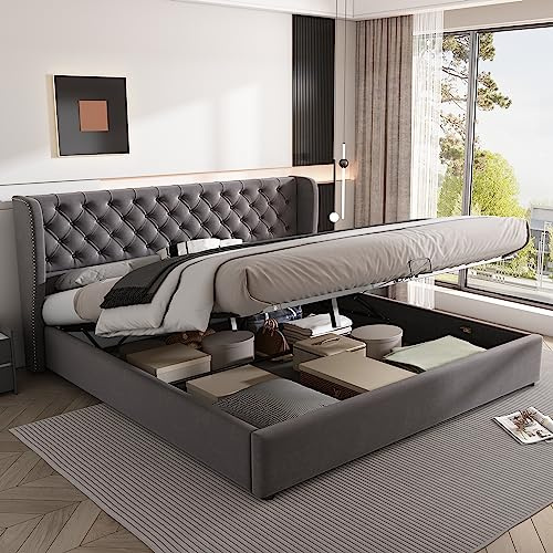 HESHU Polsterbett 160x200 cm, Doppelbett mit Hydraulisch Bettkasten, Funktionsbett mit Stauraum, Bettgestell mit Lattenrost, Jugendbett Erwachsenenbett, Samt, Grau, ohne Matratze