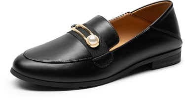 DREAM PAR Loafers för kvinnor dra på bekväma rund tå casual mode platta skor uppklädda skor, Svart-pu, 36 EU