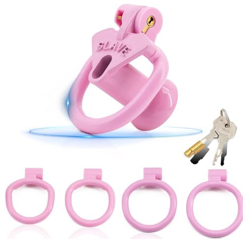 QgLust Negativer flacher Cockkäfig Cockring Keuschheitskäfig Peniskäfig kommt mit 4 Penisringen Keuschheitsgürtel SM Penisfessel Peniskäfig Keuschheitskäfiggerät Männer Sexspielzeug (Pink)