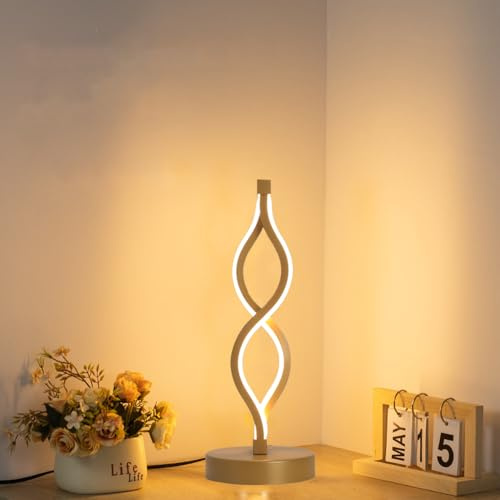 Mengjay LED Spiral Tischlampe,Moderne Nachttischlampe mit 3 Farbtemperatur,Metall Dekoration Tischleuchte,Augenschutz Schreibtischlampe Leselampe für Kinderzimmer Schlafzimmer Wohnzimmer (Gold)