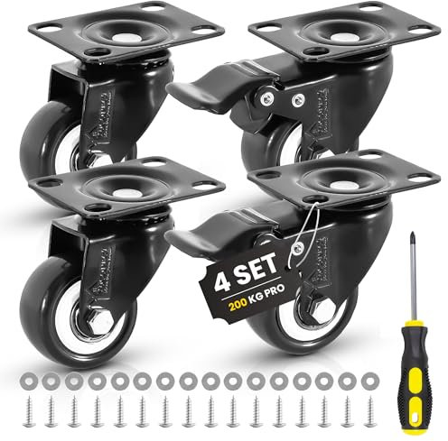 YUCONECT Ruote per Mobili Pesanti fino a 300 Kg e 1 Cacciavite, 16 Viti e 16 Rondelle - 4 Ruote per Carrello Carichi Pesanti, 2 con freno e 2 senza freno - Rotelle per Mobili - Ruota Mobile 50mm Nero