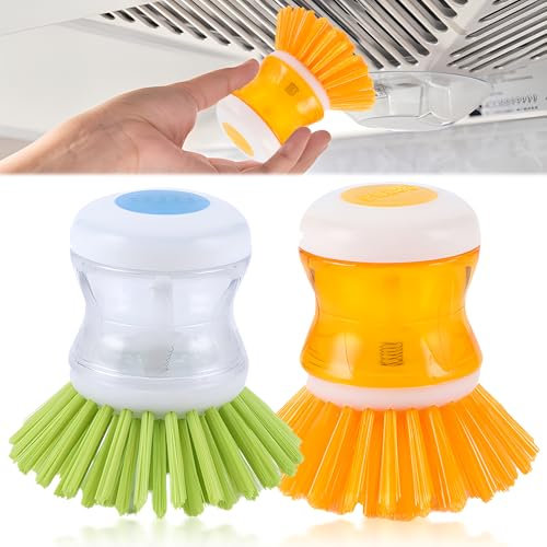 behone Lot de 2 brosses à Vaisselle Rechargeables, Brosse à Vaisselle avec Distributeur de Liquide Vaisselle,Brosse de Cuisine pour Vaisselle,casseroles, poêles, Nettoyage d'évier (Jaune/Vert)