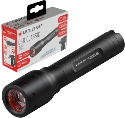 Ledlenser C5R Lampe torche rechargeable, 420lm, 240m portée, 15h, 75g, IP54 | Jusqu'à 15 h d'autonomie, mise au point réglable, charge magnétique, mode Strobe, 75 g, mini lampe torche de poche