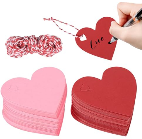 200 Stück Geschenkanhänger, Herz Anhänger Papier mit 25m Schnur Faschingsdeko DIY Glücksbringer für Hochzeit Geburtstag Valentinstag Taufe Kommunion Karneval Feiertags Dekoration Rot Rosa