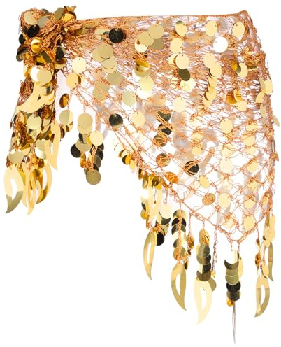 MECCANIXITY Women's Belly Dance Hip Scarf with Sequins Mesh Triangle Wrap Skirts Waist Chain for Music Festival Party Costume Performance(Gold Tone)