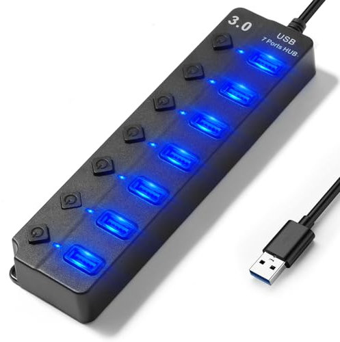 Hoppac Hub USB Multipresa a 7 Porte (1 USB 3.0 6USB 2.0) con Interruttori Indipendenti, Spie LED e Cavo da 1m - Ciabatta USB Multi Porte Plug & Play per PC, Laptop