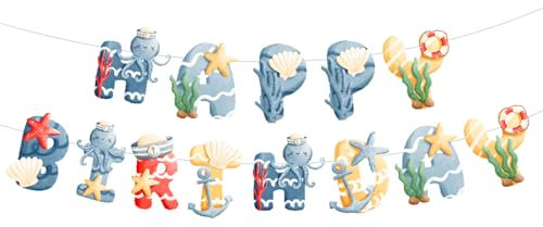 DazzJoy Ozean Girlande Geburtstag Junge, Oktopus Happy Birthday Banner, Unterwasserwelt Kindergeburtstag Deko, Meerestiere Geburtstagsgirlande