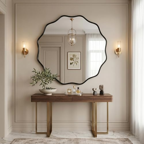 BEAUTYPEAK Runder Spiegel 90 cm, Großer Wandspiegel mit Gewellter Kante | Badezimmerspiegel mit Schwarz Aluminiumrahmen, zum Aufhängen und Anlehnen, Rund Wandspiegel für Schlafzimmer,Flur,Zimmer Deko