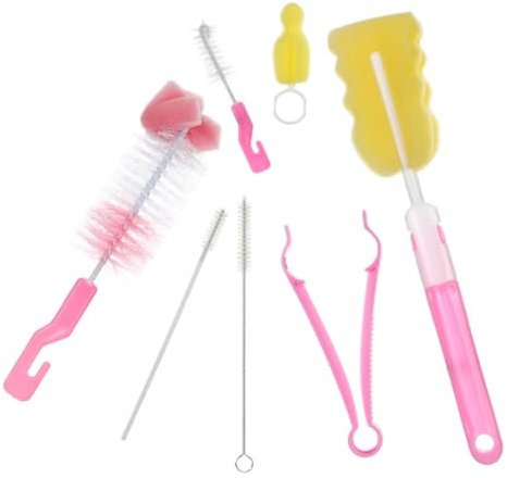 DEARMAMY Baby Bottle Brush Cleaner Kit for Infant Milk Bottle Cleaning 14pcs with Nylon and Sponge Brushes and Pink Sponges Suitable for Babies Cups and Travel Use