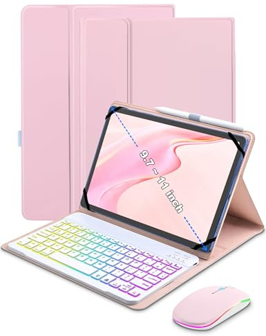 XCHYTECHER Funda universal con teclado para tabletas de 9.7, 10.1, 10.2, 10.5, 11.9 y 11 pulgadas, teclado extraíble retroiluminado arcoíris de 7 colores con soporte para bolígrafo para tablet Android