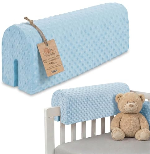 Totsy Baby Chichoneras Cuna Parachoques cunas Bebe 50 cm - Protector Anti caida y Golpe Espuma de Barrera Seguridad niños y niñas para Cama Protection de Valla y Borde Infantil Minky Oeko-Tex Azul