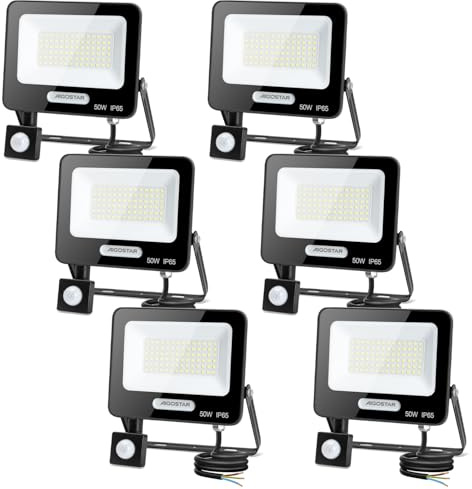 Aigostar- 50W Foco LED con Sensor Movimiento, Super Brillo Focos Exterior, 4600LM, Blanco Frío 6500K, IP65 Impermeable, Proyector LED Exterior, Perfectas para Jardín, Garaje, Patio, Paquete de 6