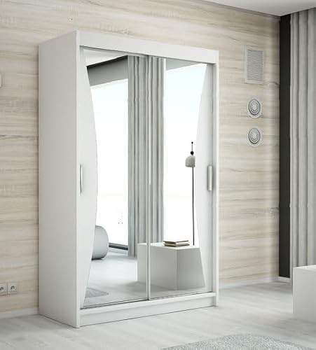 A&J MöbelLand Schwebetürenschrank NIKO Kleiderschrank 2-türig mit Spiegel, Garderobe 120 cm (Weiß)