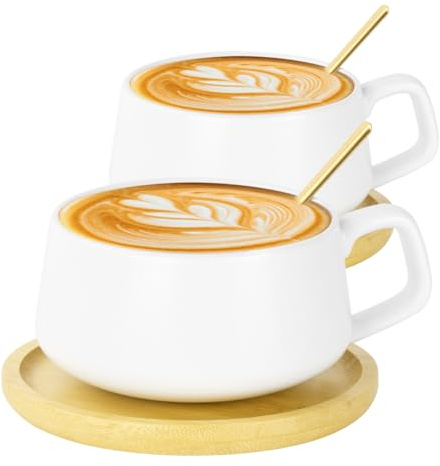 AOOTE Juego de Taza y Platillo, 2 Pcs 320ML Tazas de Capuchino de Ceramica, Tazas de Cafe Espresso Porcelana con Plato con Posavasos de Madera y Cuchara, Tazas de Café para Moca, Té, Latte, Desayuno