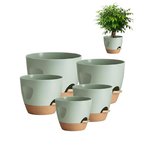 SimingZric Self Watering Plant Pots Indoor – Set of 5 Plastic Flower Pots with Saucers & Drainage Holes, 12.7/14/15.2/16.5/17.8 cm Plant Pots with Saucer for Windowsill, Garden & Outdoor Decor, Green