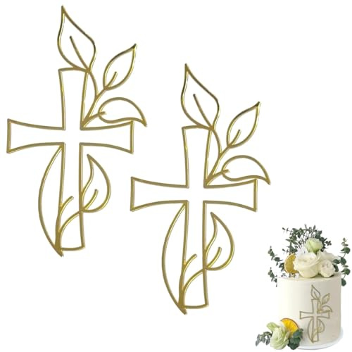 YIPFEN 2 Pezzi Topper Torta Croce in Acrilico Dorato, Decorazioni per Prima Comunione, Battesimo, Cresima, Matrimonio, Festa Bambino/Bambina.
