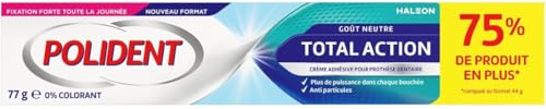 POLIDENT - Total Action - Crème Adhésive pour Prothèse Dentaire - Fixation Jusqu'à 12 Heures - Aide à Protéger les Gencives des Irritations - +38% de Force Masticatoire - Goût Neutre - Tube 77 g