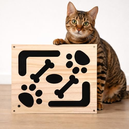 Sinbana Caja Enriquecimiento Rompecabezas Rascador Gatos con Papel de Lija en el Interior, Interactiva Madera Caja Enriquecimiento Limas Uñas Gata con Tornillos y Destornillador para Gatos Interior
