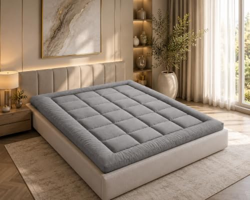 Mattress Topper Double Bed – Extra Thick 10cm (4 Inch) Bounce Back Mattress Topper with Strong Elastic Corner Straps, Soft Breathable Hypoallergenic Quilted Bed Topper for Added Comfort & Support.