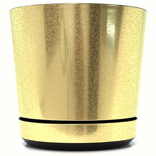 KERD Blumentopf 26 cm, Goldene Spitze (058), dekorativ, hochwertig, aus Recyclingmaterial, mit Drainage, mit Untersetzer, handbeklebt, Spitzenmuster, modern, elegant, glamourös, Vintage