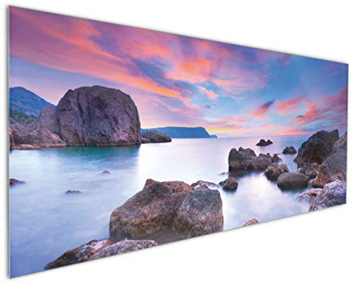Wallario Küchenrückwand aus Glas 125 x 50 cm, Motiv: Seelandschaft in blau und rot mit großen Felsen | Spritzschutz abwischbar & pflegeleicht