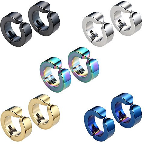 Epoch World 5 Paare 14MM 316L Edelstahl Clip Ohrringe Herren Damen Silber, Titan Klappcreolen Ohrclip Ohrklemmen Männer Schwarz Fake Ohrringe Creolen Gold Set Nickelfrei
