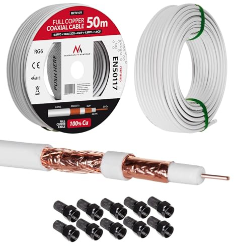Maclean MCTV-470 Cavo antenna Cavo coassiale RG6 Rame puro 100% rame Cavo antenna coassiale TV satellitare Cavo TV (50m + 10x connettore F)